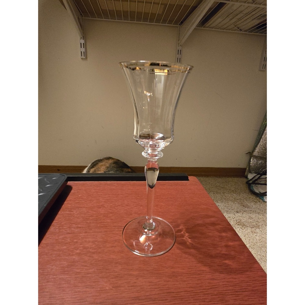 Vintage Tall Stemmed Glass Gold Rim Trumpet Bowl Clear Glass Elegant Stemware